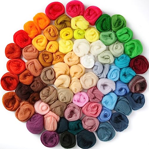 XunYee 200 Pcs Needle Felting Wool 50 Colors Wool Roving Nature Fiber Roving Wool for Felting Roving Yarn Needle Felting Supplies for Crafts DIY Materials Hand Spinning Blending, 3 g Each Pack