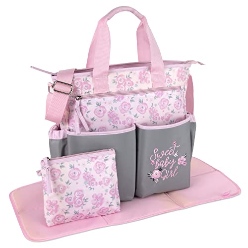 Crossbody Floral Pink Diaper Bag Tote with Changing Station for Baby Girl, 3 Piece Diaper Bag Set (Flowers)