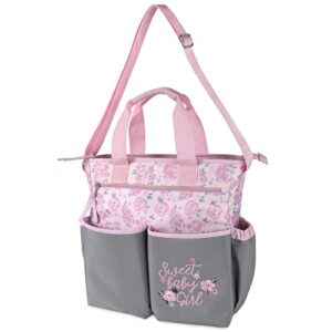 Crossbody Floral Pink Diaper Bag Tote with Changing Station for Baby Girl, 3 Piece Diaper Bag Set (Flowers)