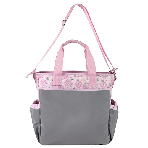 Crossbody Floral Pink Diaper Bag Tote with Changing Station for Baby Girl, 3 Piece Diaper Bag Set (Flowers)