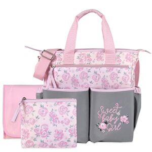 Crossbody Floral Pink Diaper Bag Tote with Changing Station for Baby Girl, 3 Piece Diaper Bag Set (Flowers)