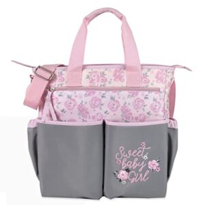 Crossbody Floral Pink Diaper Bag Tote with Changing Station for Baby Girl, 3 Piece Diaper Bag Set (Flowers)