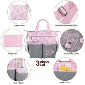 Crossbody Floral Pink Diaper Bag Tote with Changing Station for Baby Girl, 3 Piece Diaper Bag Set (Flowers)