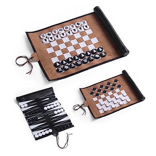 Magic Vosom 3 in 1 Backgammon Chess Checkers Set, Roll up Travel Game Set for Adults and Kids, Black & Brown(3 in 1 Set)