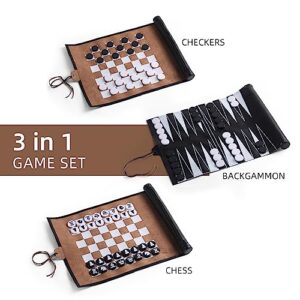 Magic Vosom 3 in 1 Backgammon Chess Checkers Set, Roll up Travel Game Set for Adults and Kids, Black & Brown(3 in 1 Set)