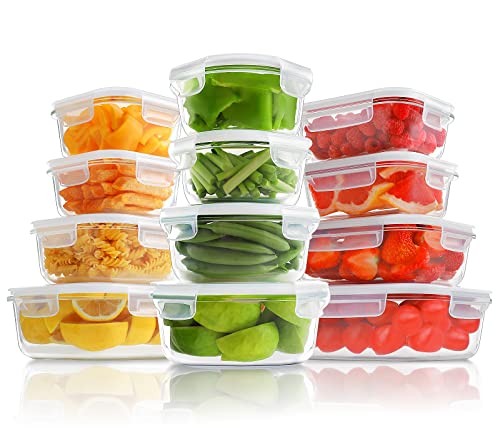 HOMBERKING 12 Sets Glass Food Storage Containers with Lids, Glass Meal Prep Containers, Airtight Glass Bento Boxes, BPA Free & Leak Proof, Pantry Kitchen Storage(12 lids & 12 Containers) - White