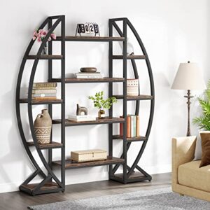 Bookshelf, Oval Triple Wide 5 Tiers Etagere Bookcases, Industrial Display Shelves for Living Room (Brown, 55")