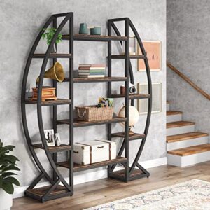 bookshelf, oval triple wide 5 tiers etagere bookcases, industrial display shelves for living room (brown, 55")
