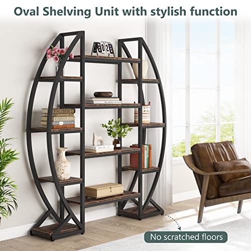 Bookshelf, Oval Triple Wide 5 Tiers Etagere Bookcases, Industrial Display Shelves for Living Room (Brown, 55")