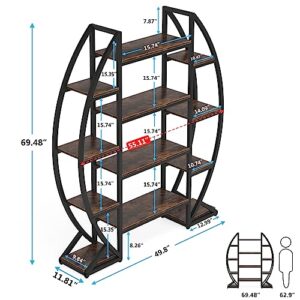 Bookshelf, Oval Triple Wide 5 Tiers Etagere Bookcases, Industrial Display Shelves for Living Room (Brown, 55")