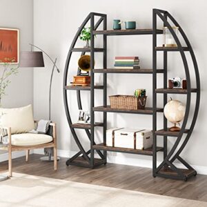 Bookshelf, Oval Triple Wide 5 Tiers Etagere Bookcases, Industrial Display Shelves for Living Room (Brown, 55")