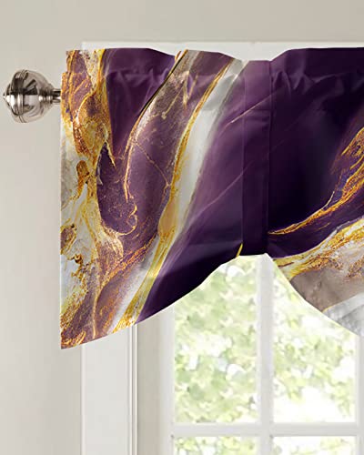 Sabolny Marble Purple Tie Up Valance Curtain for Kitchen Living Room Bedroom Bathroom Cafe, Rod Pocket Small Short Window Drape Panel Adjustable Drapary Print, Abstract Gold White Modern Art 54"x18"