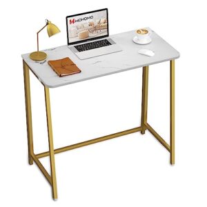 wohomo white marble folding desk, 31.5" small desk for small spaces with gold legs, easy assemble foldable computer desk, mini portable working table for home office, white and gold
