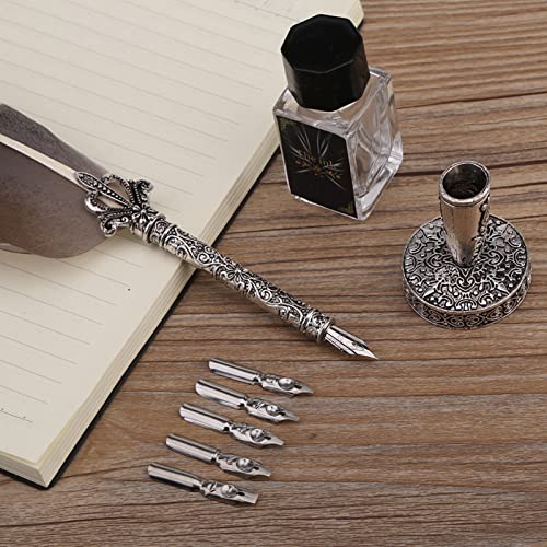 Restokki Feather Pen and Ink Bottle Set, Feather Pen Calligraphy Set, Stationery Gift Box with 5 Nibs Pen Stand Base, Luxury Vintage Signature Pen(Black)
