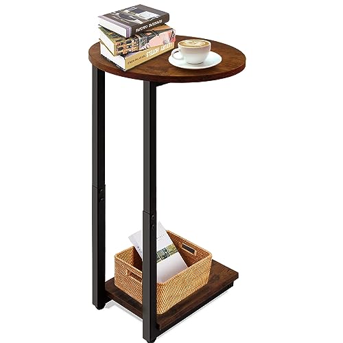 C-Shaped End Table, Snack Side Table for Couch, End Table for Small Space, Rustic Brown and Black C Table with Metal Frame, Sofa Side End Table, Small Table for Living Room, Bedroom, Sitting Room