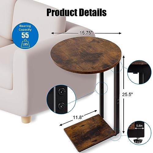 C-Shaped End Table, Snack Side Table for Couch, End Table for Small Space, Rustic Brown and Black C Table with Metal Frame, Sofa Side End Table, Small Table for Living Room, Bedroom, Sitting Room