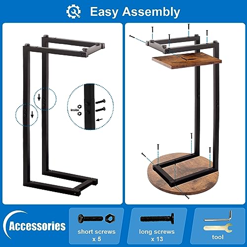 C-Shaped End Table, Snack Side Table for Couch, End Table for Small Space, Rustic Brown and Black C Table with Metal Frame, Sofa Side End Table, Small Table for Living Room, Bedroom, Sitting Room