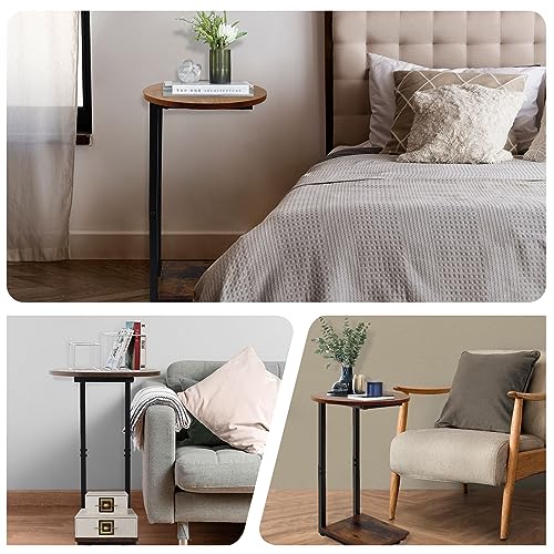 C-Shaped End Table, Snack Side Table for Couch, End Table for Small Space, Rustic Brown and Black C Table with Metal Frame, Sofa Side End Table, Small Table for Living Room, Bedroom, Sitting Room