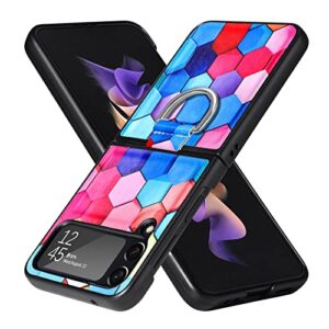 bizzib for samsung galaxy z flip 4 case with ring, ultra slim light hard pc drop protection shockproof cover compatible with galaxy z flip 4 colored pattern-multicolor 3