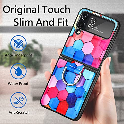 Bizzib for Samsung Galaxy Z Flip 4 Case with Ring, Ultra Slim Light Hard PC Drop Protection Shockproof Cover Compatible with Galaxy Z Flip 4 Colored Pattern-Multicolor 3