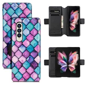 bizzib for samsung galaxy z fold 3 case magnetic closure, wallet case with card slots light hard pc+leather drop protection shockproof cover with stand for galaxy z fold 3 colored pattern-purple