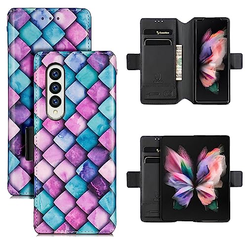 Bizzib for Samsung Galaxy Z Fold 3 Case Magnetic Closure, Wallet Case with Card Slots Light Hard PC+Leather Drop Protection Shockproof Cover with Stand for Galaxy Z Fold 3 Colored Pattern-Purple