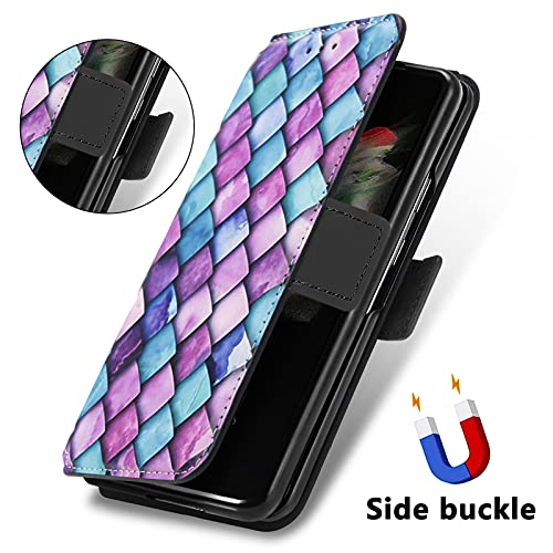 Bizzib for Samsung Galaxy Z Fold 3 Case Magnetic Closure, Wallet Case with Card Slots Light Hard PC+Leather Drop Protection Shockproof Cover with Stand for Galaxy Z Fold 3 Colored Pattern-Purple