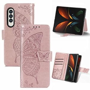 bizzib for samsung galaxy z fold 3 5g case magnetic closure wallet,embossed floral butterfly leather folio flip case with card slot shockproof protective cover for women girls-rose gold