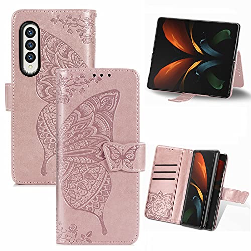 Bizzib for Samsung Galaxy Z Fold 3 5G Case Magnetic Closure Wallet,Embossed Floral Butterfly Leather Folio Flip Case with Card Slot Shockproof Protective Cover for Women Girls-Rose Gold