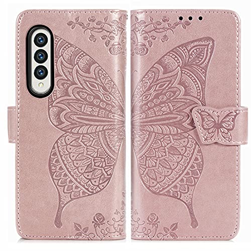 Bizzib for Samsung Galaxy Z Fold 3 5G Case Magnetic Closure Wallet,Embossed Floral Butterfly Leather Folio Flip Case with Card Slot Shockproof Protective Cover for Women Girls-Rose Gold