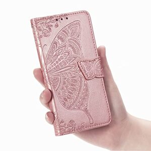 Bizzib for Samsung Galaxy Z Fold 3 5G Case Magnetic Closure Wallet,Embossed Floral Butterfly Leather Folio Flip Case with Card Slot Shockproof Protective Cover for Women Girls-Rose Gold