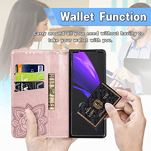 Bizzib for Samsung Galaxy Z Fold 3 5G Case Magnetic Closure Wallet,Embossed Floral Butterfly Leather Folio Flip Case with Card Slot Shockproof Protective Cover for Women Girls-Rose Gold