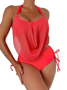 makemechic women's 2 piece bathing suits ring linked drape drawstring high waisted tankini swimsuit watermelon pink s