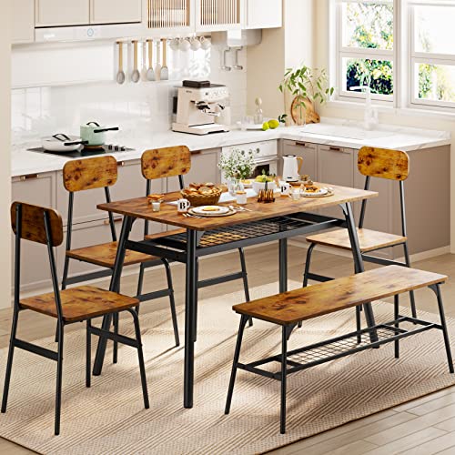 Gizoon Dining Table Set for 6, 6-Piece Kitchen Table and Chairs, Dining Room Table Set with Bench, Storage Rack for Small Space, Home, Apartment, Retro