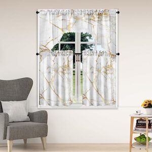 ULQUISNCE Marble Luxury Gold Tier and Swag Window Curtain Set, 3Pcs Kitchen Curtain Marble Art Valance Set White Rod Pocket Curtain for Kitchen Window Modern Unique Patterns