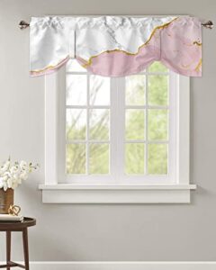 white pink marble tie up valance for kitchen windows, adjustable window valance kitchen curtains window topper short curtain for living room, abstract gold liquid modern art rod pocket drape 60"x18"