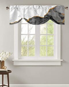 white black marble tie up valance for kitchen windows, adjustable window valance kitchen curtains window topper short curtain for living room, abstract gold liquid modern art rod pocket drape 42"x12"