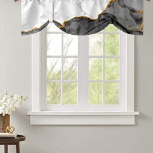 White Black Marble Tie Up Valance for Kitchen Windows, Adjustable Window Valance Kitchen Curtains Window Topper Short Curtain for Living Room, Abstract Gold Liquid Modern Art Rod Pocket Drape 42"x12"