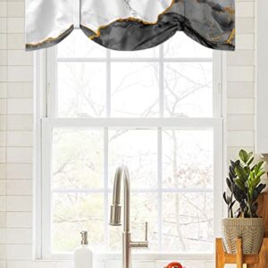 White Black Marble Tie Up Valance for Kitchen Windows, Adjustable Window Valance Kitchen Curtains Window Topper Short Curtain for Living Room, Abstract Gold Liquid Modern Art Rod Pocket Drape 42"x12"