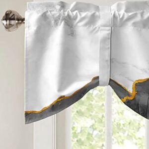 White Black Marble Tie Up Valance for Kitchen Windows, Adjustable Window Valance Kitchen Curtains Window Topper Short Curtain for Living Room, Abstract Gold Liquid Modern Art Rod Pocket Drape 42"x12"