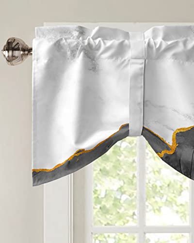 White Black Marble Tie Up Valance for Kitchen Windows, Adjustable Window Valance Kitchen Curtains Window Topper Short Curtain for Living Room, Abstract Gold Liquid Modern Art Rod Pocket Drape 42"x12"