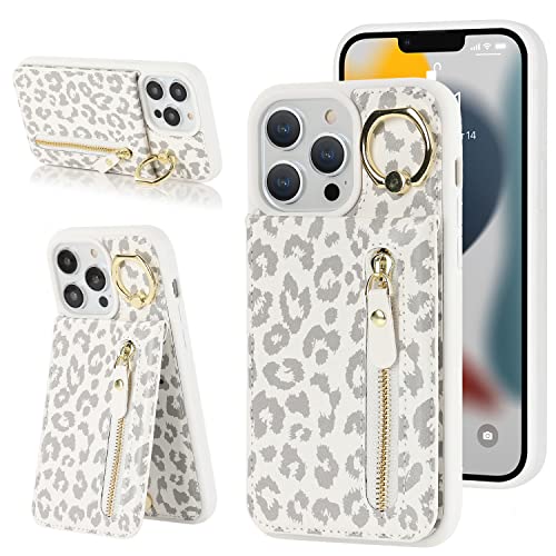 DEYHU iPhone 13 pro Case with Card Holder for Women, iPhone 13 pro Phone Case Wallet with Credit Card with Ring Kickstand Zipper Shockproof Slim Stand Case for iPhone13pro - White Leopard