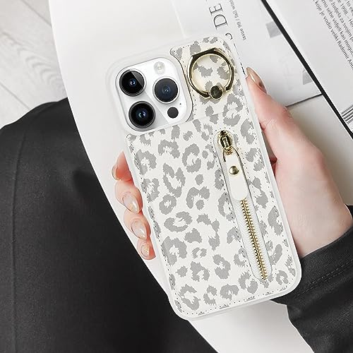 DEYHU iPhone 13 pro Case with Card Holder for Women, iPhone 13 pro Phone Case Wallet with Credit Card with Ring Kickstand Zipper Shockproof Slim Stand Case for iPhone13pro - White Leopard