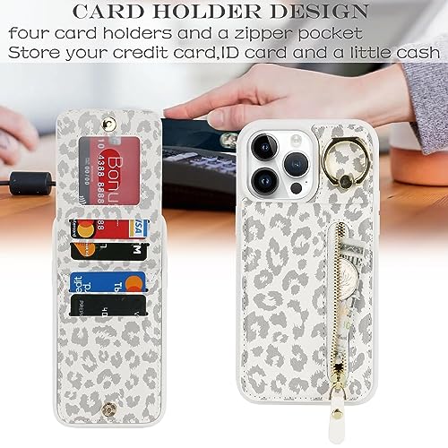 DEYHU iPhone 13 pro Case with Card Holder for Women, iPhone 13 pro Phone Case Wallet with Credit Card with Ring Kickstand Zipper Shockproof Slim Stand Case for iPhone13pro - White Leopard