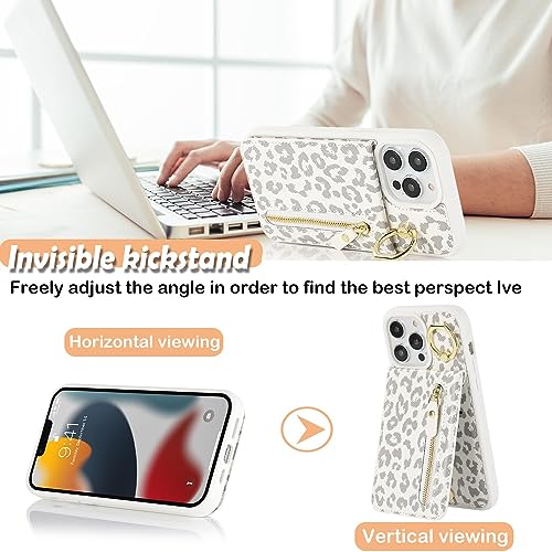 DEYHU iPhone 13 pro Case with Card Holder for Women, iPhone 13 pro Phone Case Wallet with Credit Card with Ring Kickstand Zipper Shockproof Slim Stand Case for iPhone13pro - White Leopard