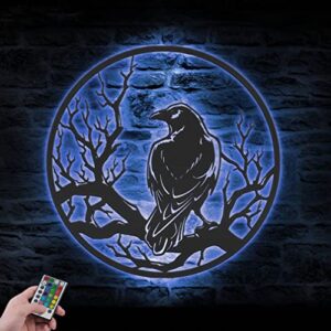 Raven Metal Wall Art with LED Light Crow Moon Sign Home Decor Black Horror Bird Decoration Man Cave Hanging Door Housewarming Halloween