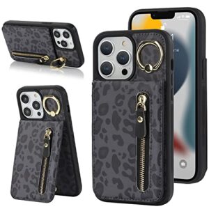 deyhu iphone 13 pro case with card holder for women, iphone 13 pro phone case wallet with credit card with ring kickstand zipper shockproof slim stand case for iphone13pro - black leopard