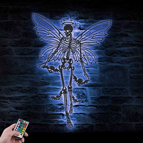 Skeleton Fairy skull Metal Wall Art Led Light Gothic Princess Sign Decoration Fairycore Aesthetic Halloween Home Decor Birthday Housewarming