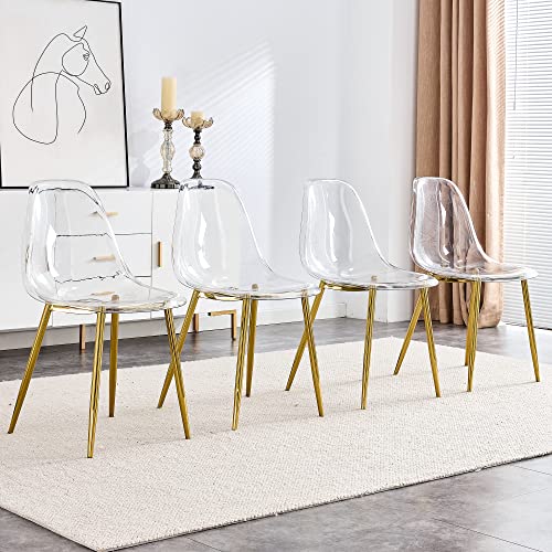 Clear Acrylic Ghost Chairs 4 Dining Chairs- Modern Dining Table Set, Cute Plastic Dinner Chair Set Armless Accent Side Desk Chair for Vanity Banquet Indoor Outdoor (Golden, Chairs Set of 4)