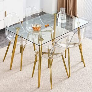 Clear Acrylic Ghost Chairs 4 Dining Chairs- Modern Dining Table Set, Cute Plastic Dinner Chair Set Armless Accent Side Desk Chair for Vanity Banquet Indoor Outdoor (Golden, Chairs Set of 4)